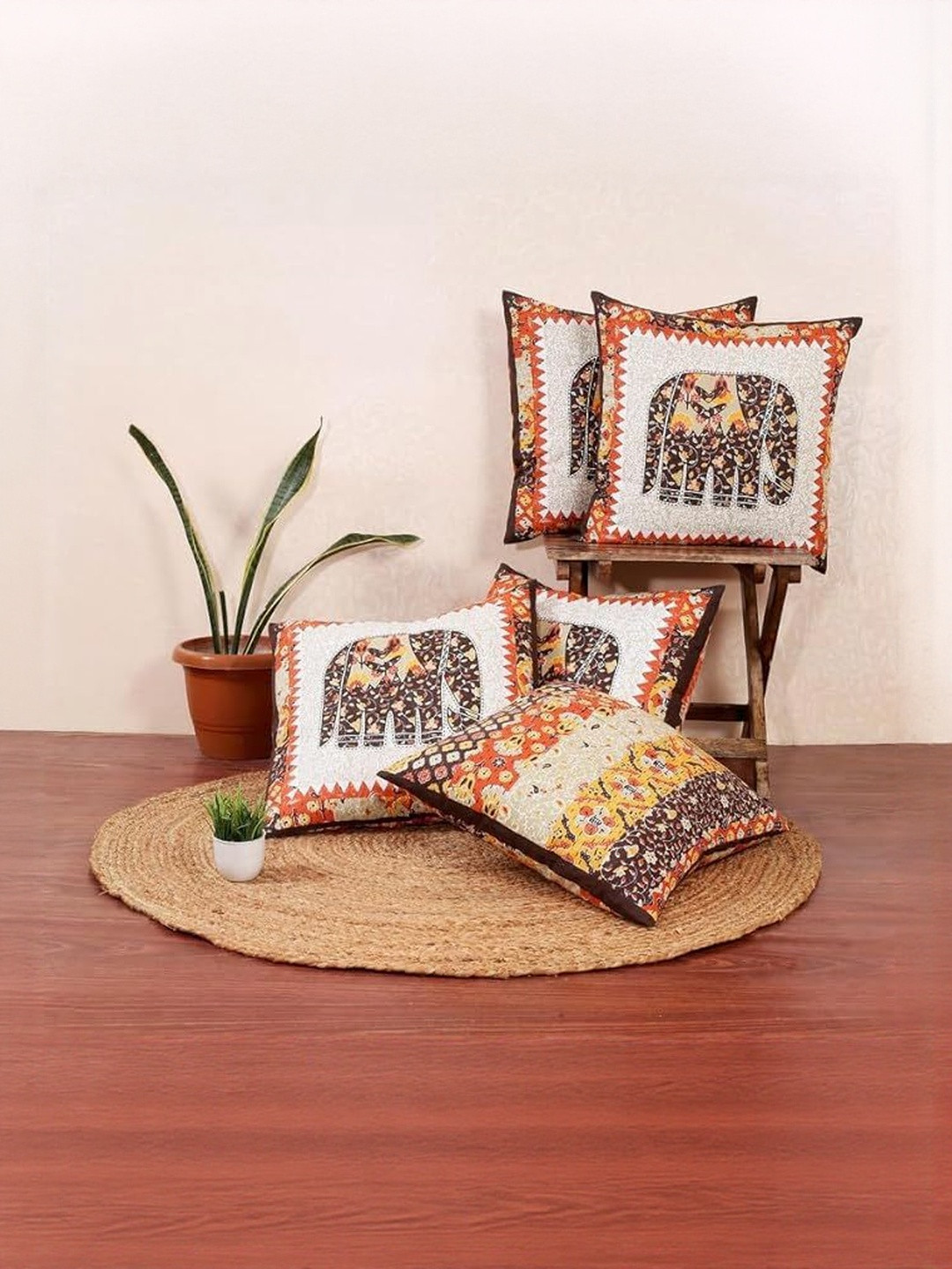 Skykross Brown & White Cotton Breathable 5 Pcs Square Cushion Covers 40.64 cm x 40.64 cm