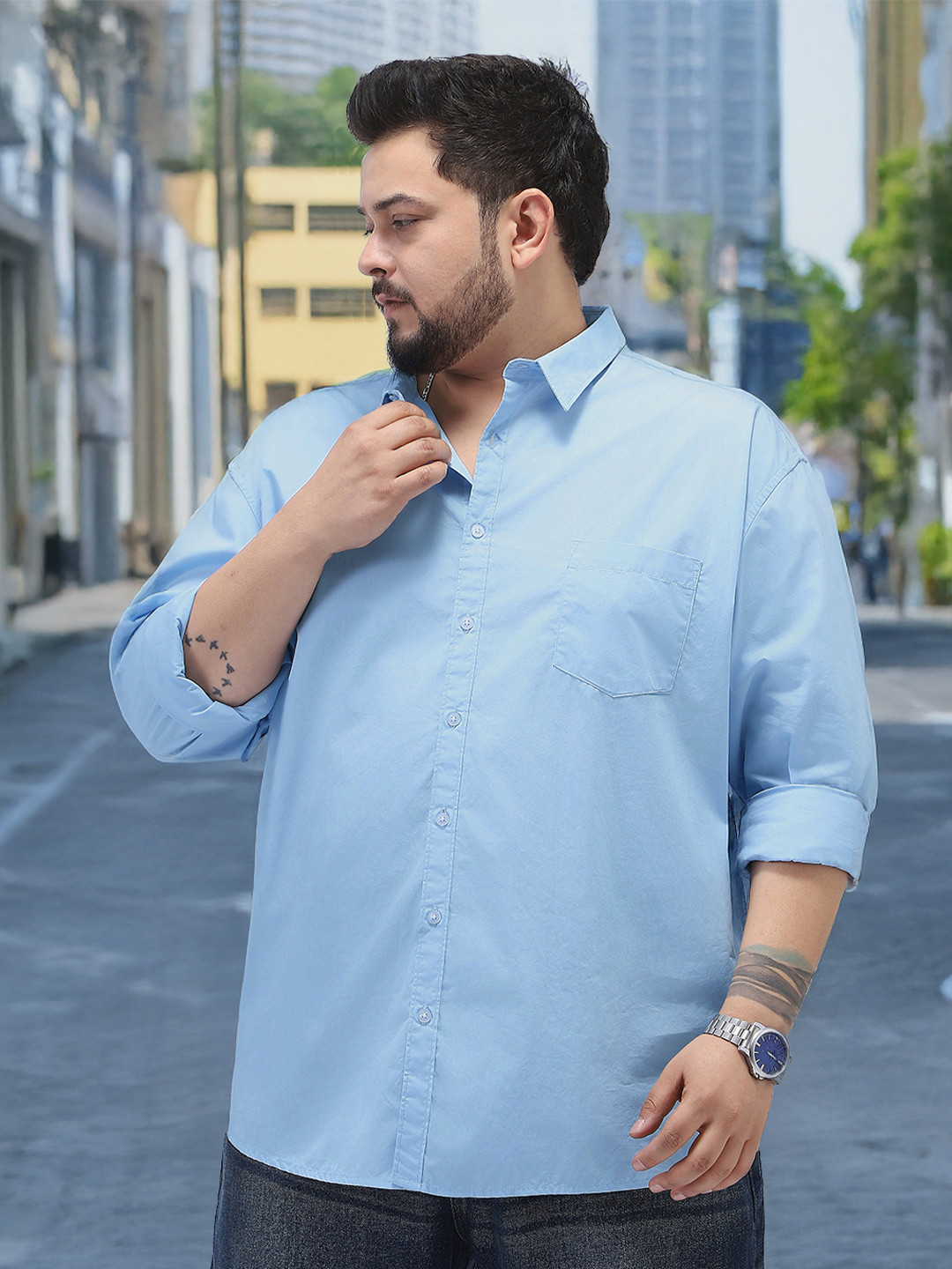 Urbano Plus Size Men's Light Blue Cotton Full Sleeve Regular Fit Casual Solid Shirt