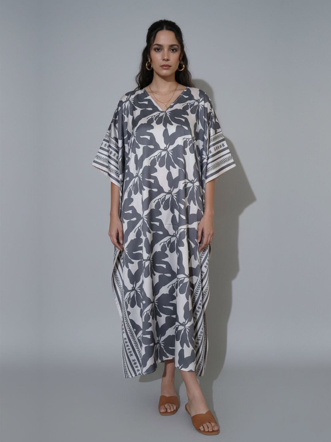 Punnu Floral Print Kimono Sleeve Satin Kaftan Maxi Dress