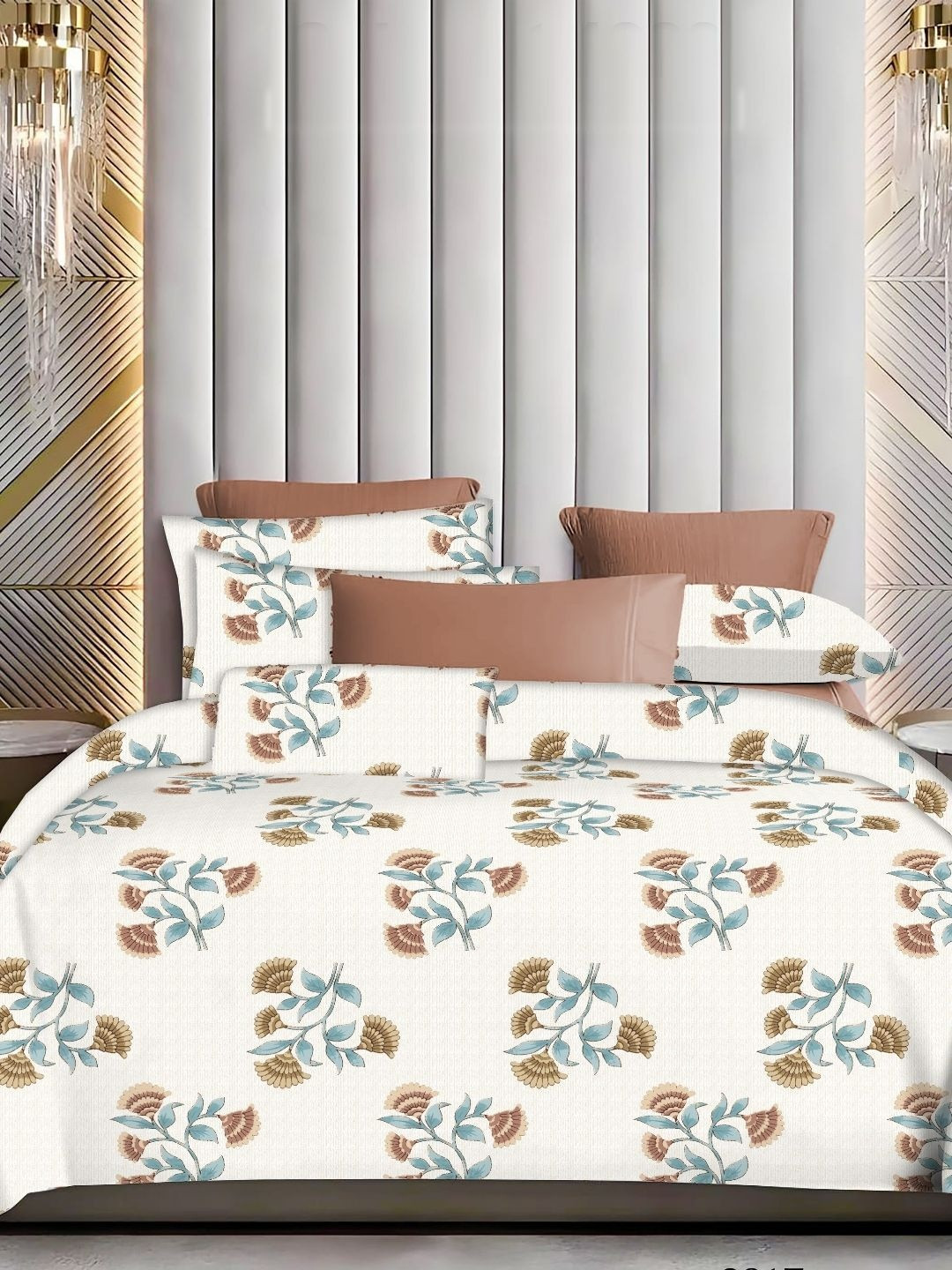 Sleeping Owls Green & White Floral 144 TC Queen Bedsheet -2.29M X 2.54M