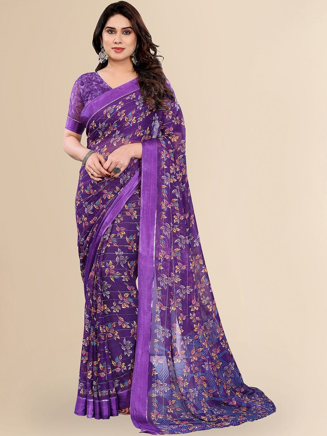 Moda Rapido Women Purple Floral Poly Georgette with Thread Embellishment Saree