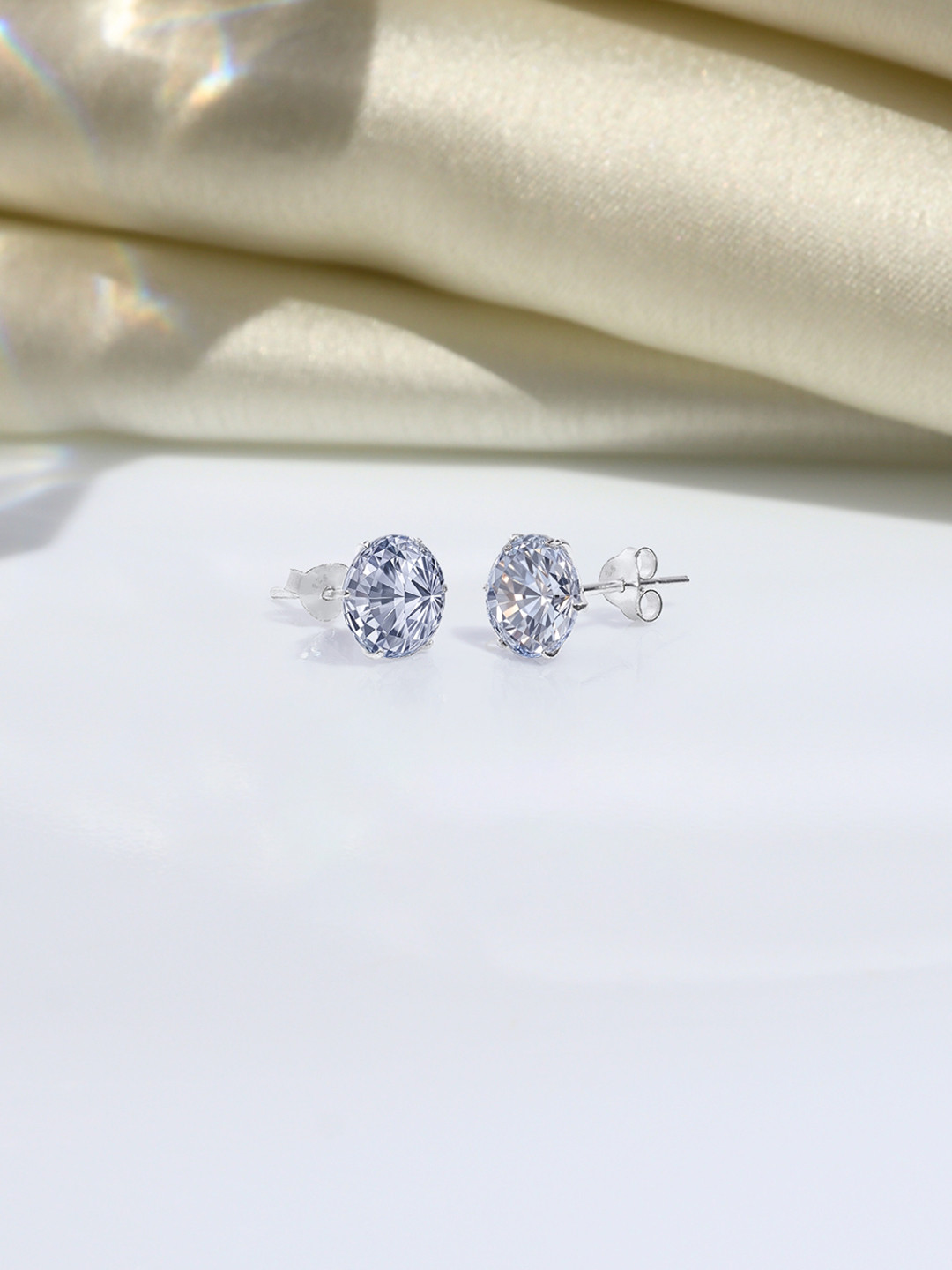 HighSpark 92.5 Silver Cubic Zirconia Studded Round Studs Earrings - 8mm