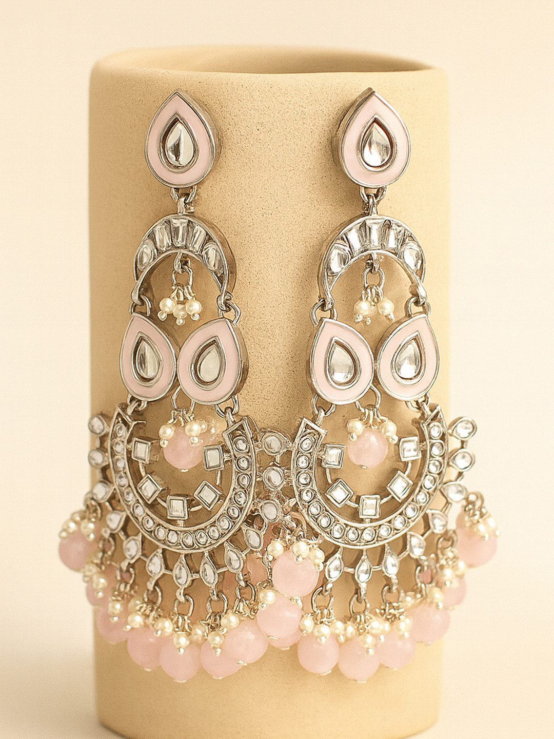 KARATCART Women Pink Oxidised Silver Pink Beads Kundan Classic Chandbalis Earrings