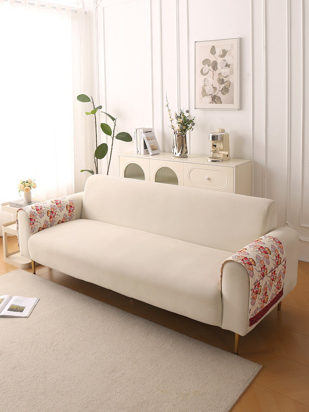 HOKIPO Florentina Series Autumn Cream 2 Pcs Printed Holland Velvet Sofa Arm Covers