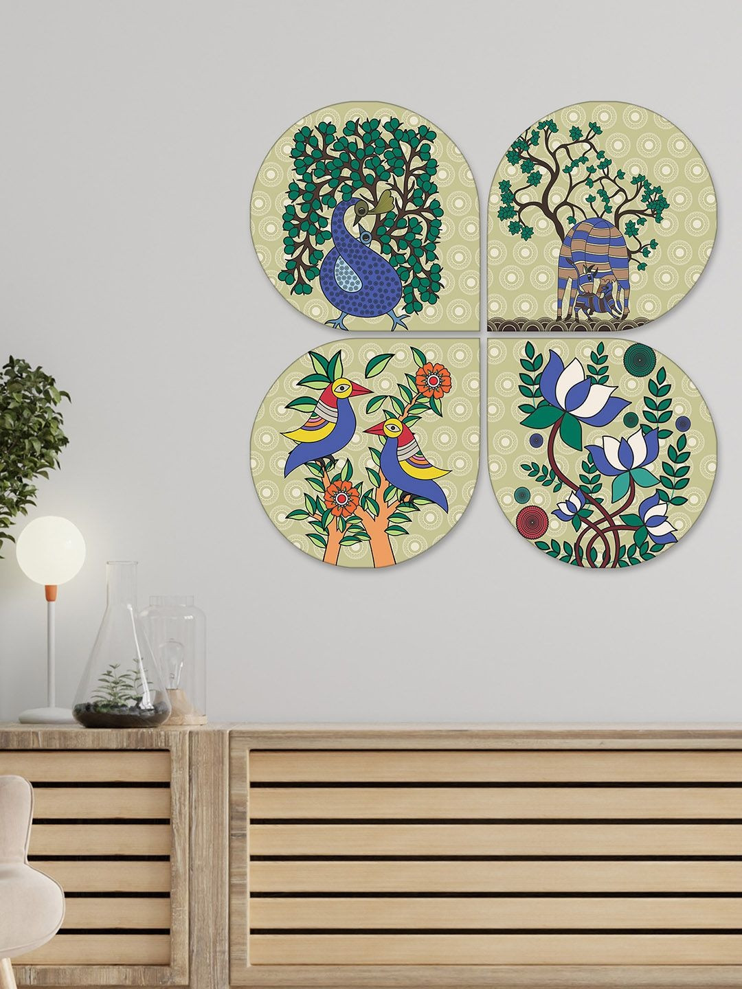 ArtVibes Green & Orange Set Of 4 Aesthetic Floral Animal Printed Wooden Wall Hangings