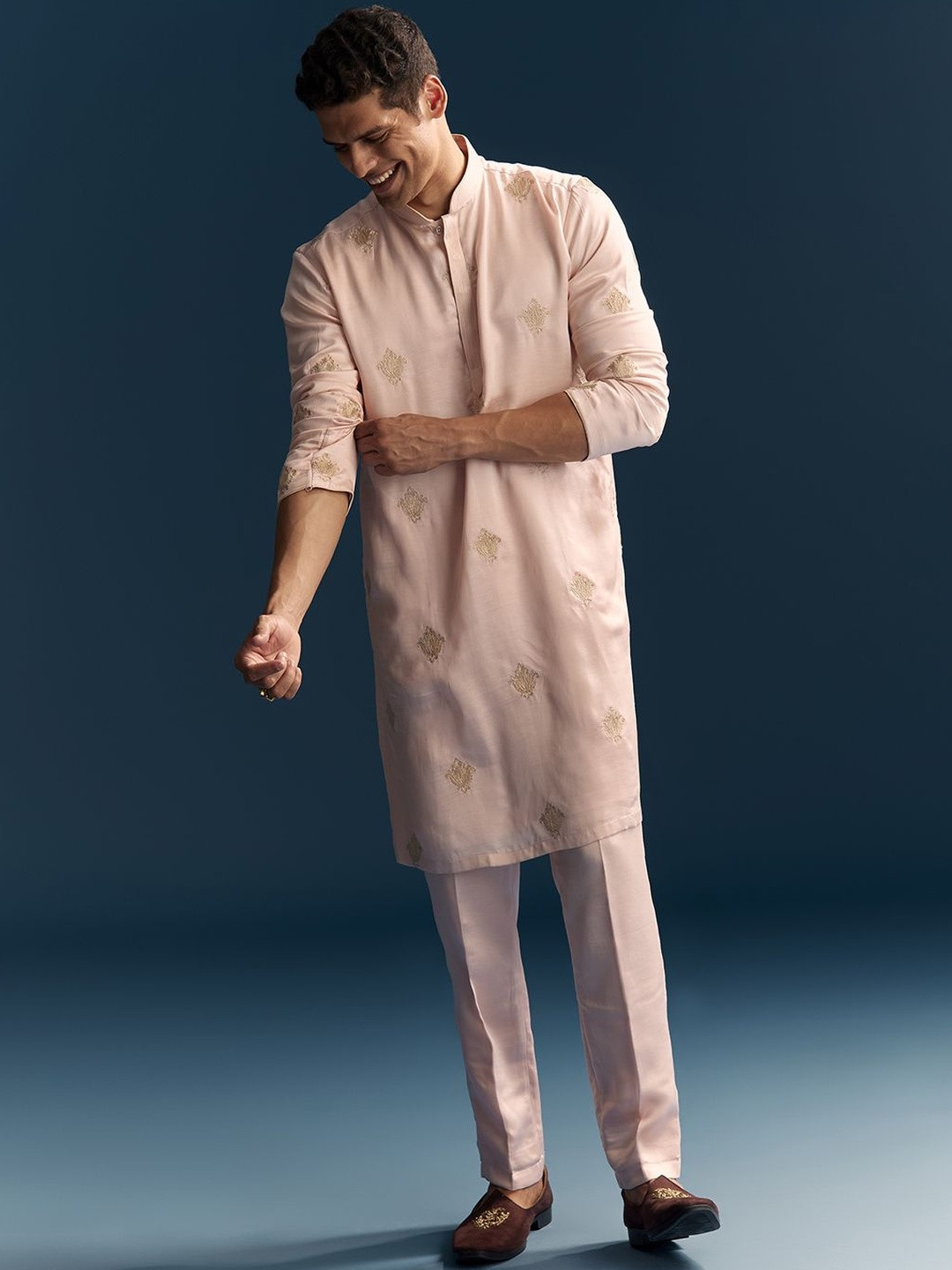 KALKI Fashion Floral Embroidered Organic Cotton Thread Work Straight Kurta With Trousers