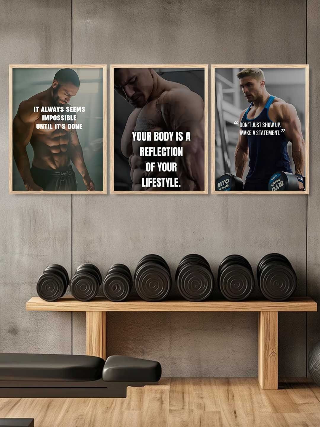 Kotart 3 Set Bodybuilding Motivational Art Framed Posters Wood Wall Photographs Wall Art