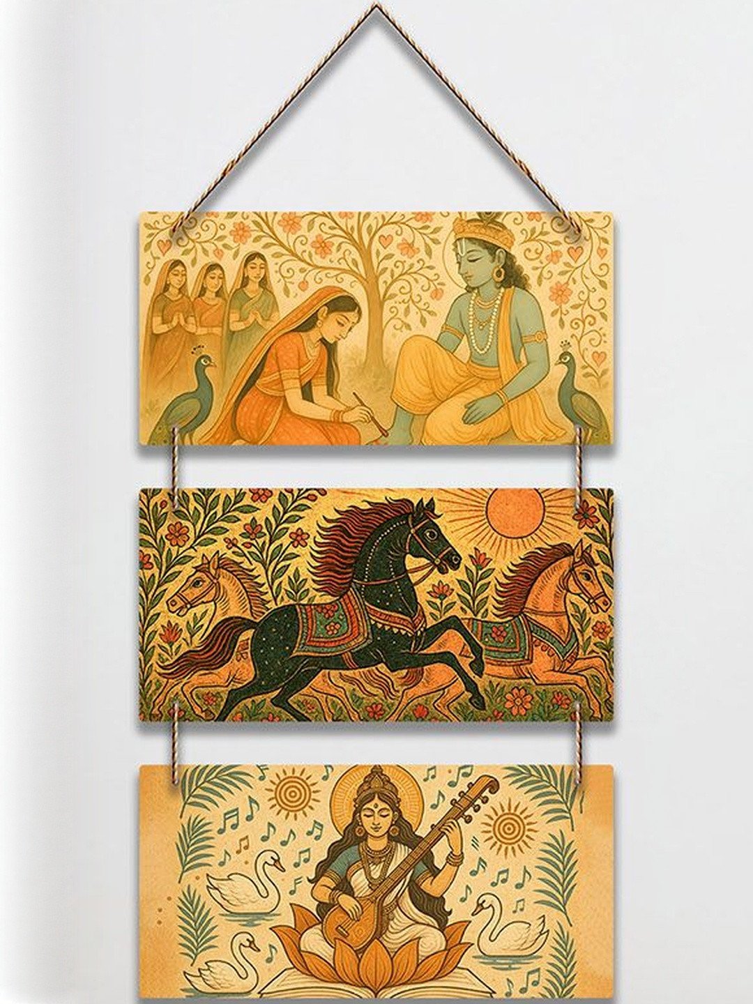 ArtVibes Printed Depicts Radha Krishna & Saraswati Wooden Wall Hanging