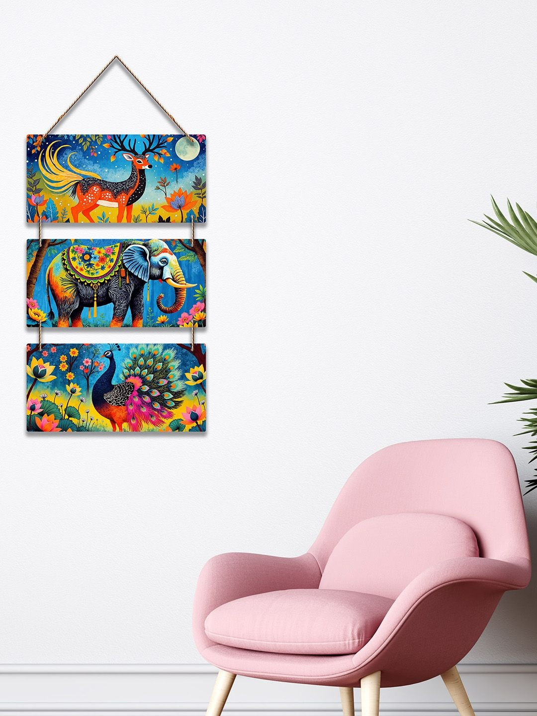 ArtVibes Blue & Yellow Printed Indian Animal Folk Art Decorative Wooden Wall Hanging