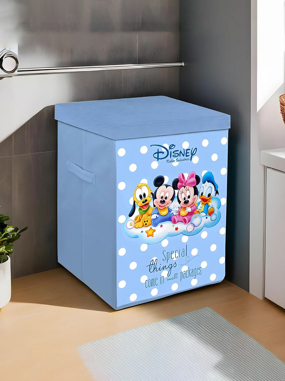 Kuber Industries Blue Mickey Minnie & Friend Printed Laundry Bag With Lid & Handles