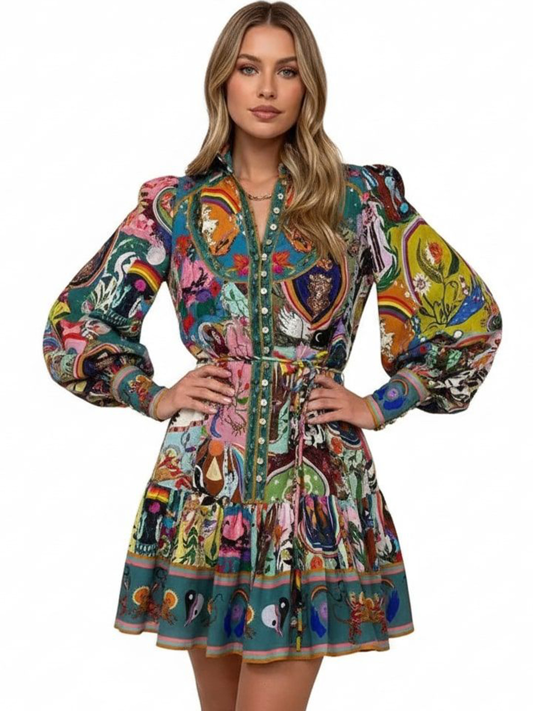 KUNDAN FAB Print Puff Sleeve Fit & Flare Mini Dress