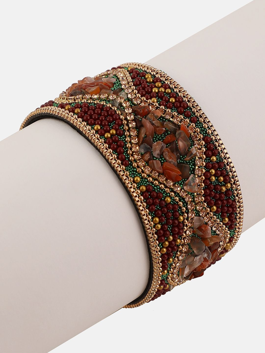 SOHI Gold-Plated The Moziac-Swirl Statement Artificial Stones Studded & Beaded  Bracelet