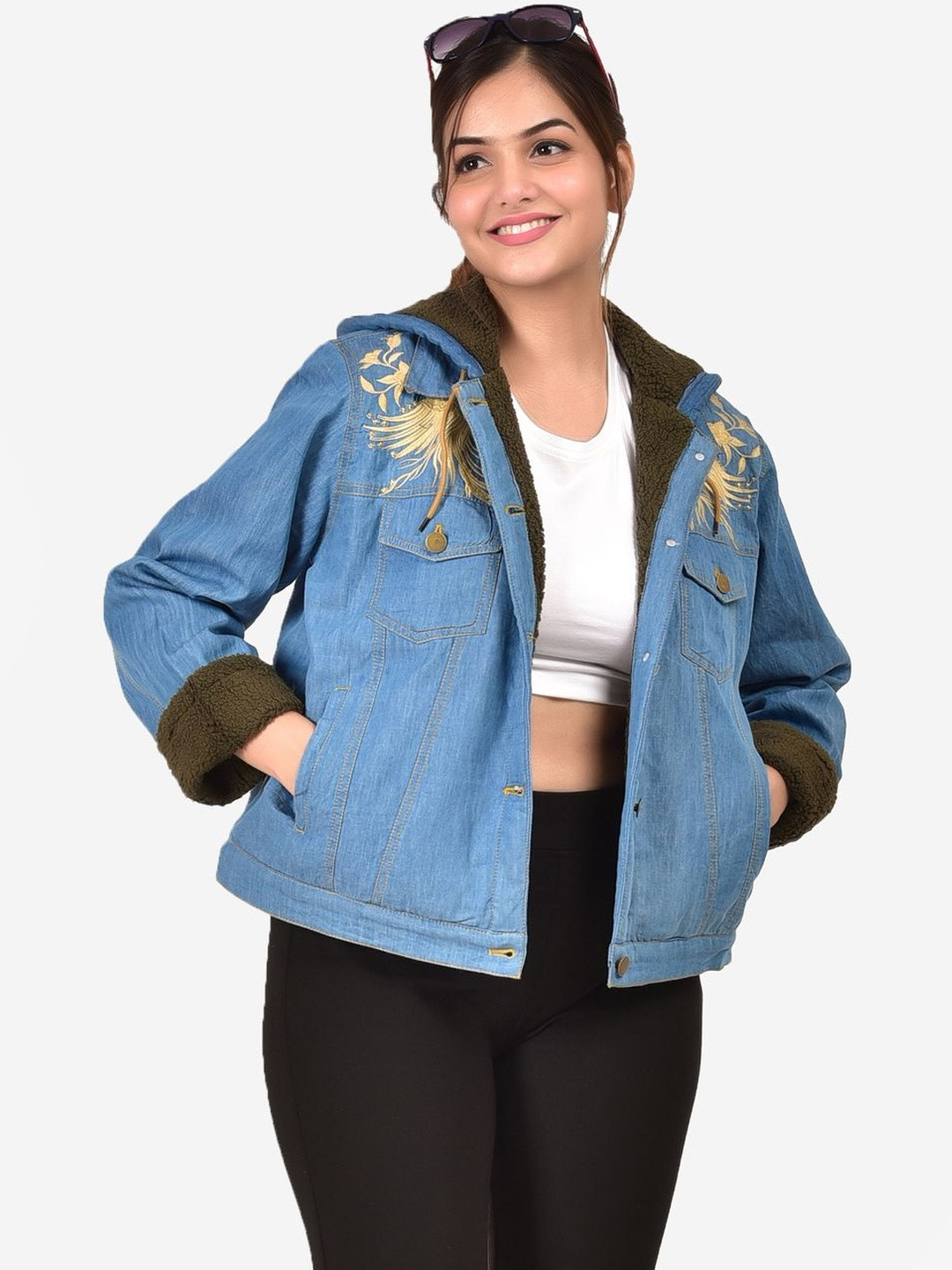 SUMAVI APPREALS Women Hooded Floral Printed Denim Jacket