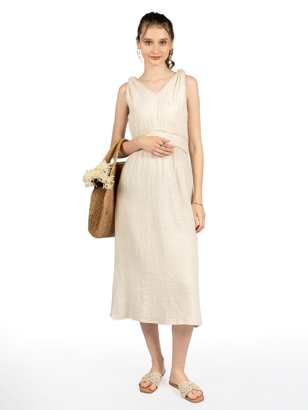 CORY EDGE Women Self Design Slits Cotton A-Line Midi Dress
