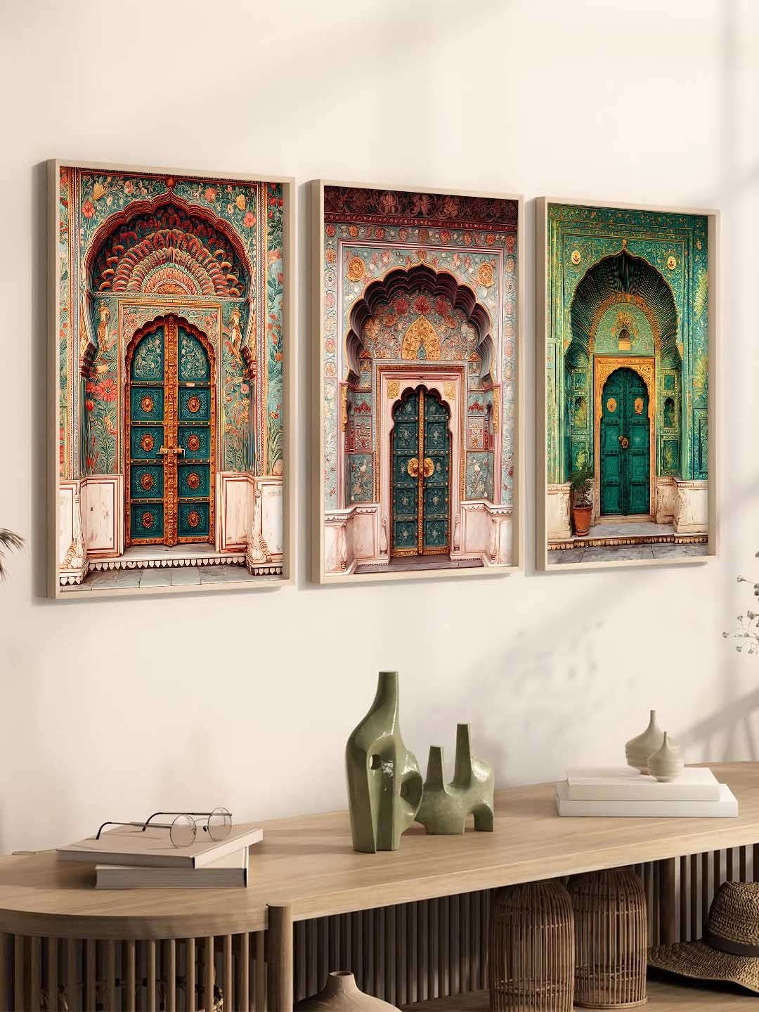 Kotart Beige & Green 3 Pieces Traditional Framed Posters Wooden Wall Arts