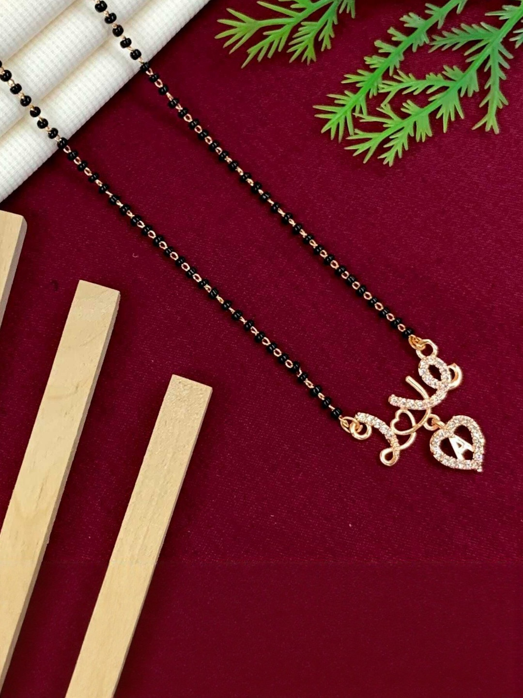 Laksh Enterprise Gold-Plated Stone Studded & Beaded A Alphabet Pendant Mangalsutra