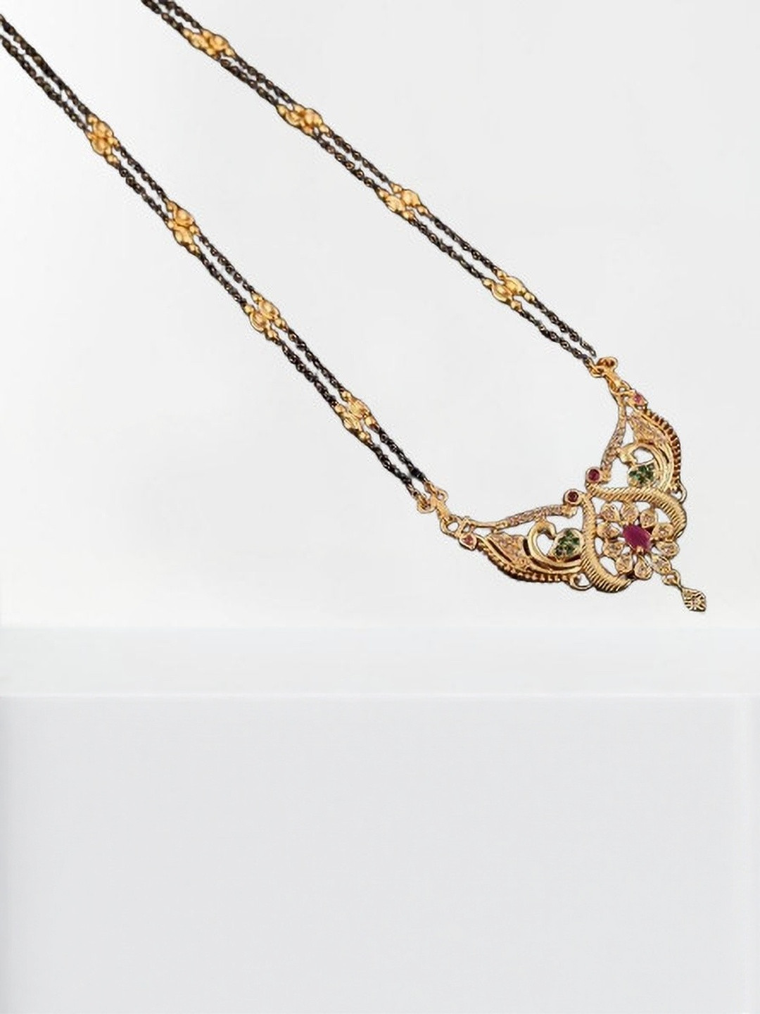 Laksh Enterprise Gold-Plated Stone-Studded & Beaded Dual-Stranded Mangalsutra
