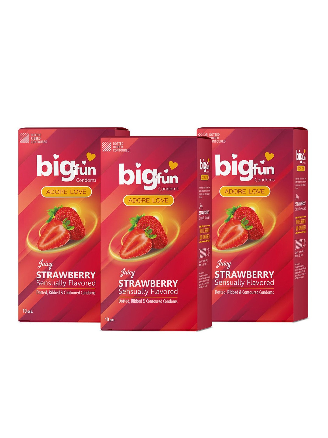 BIGFUN Set Of 3 Dotted, Ribbed & Contoured Condoms - Strawberry - 10 Pcs Each