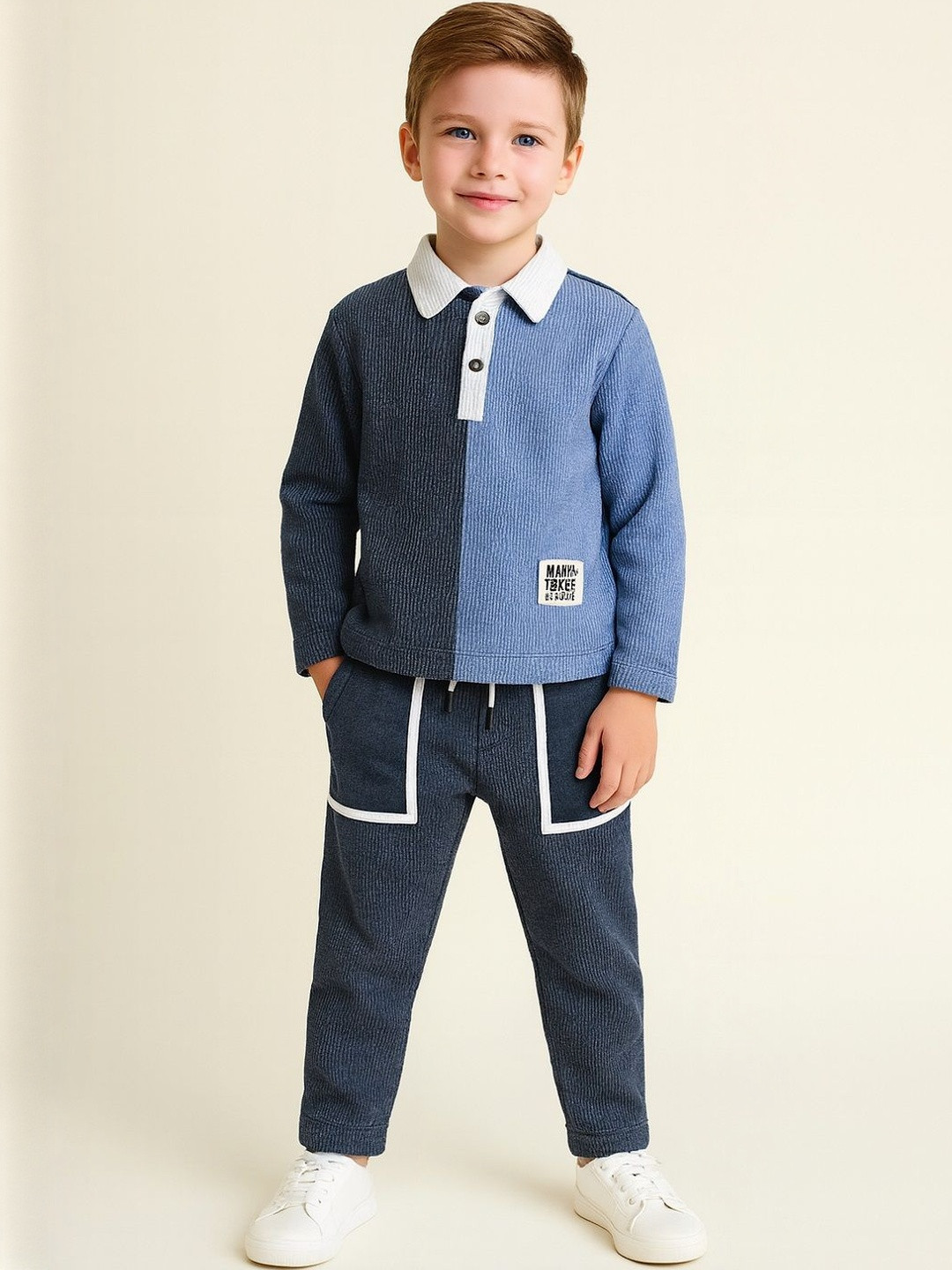 YK Boys Full Sleeves Cotton Blend Colorblock Polo T-Shirt & Pant Sets