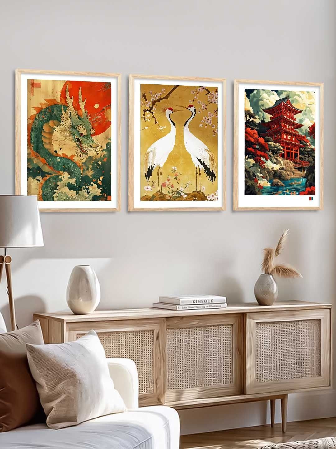 Kotart Set of 3 Japanese Art Framed Posters Wood Wall Paintings