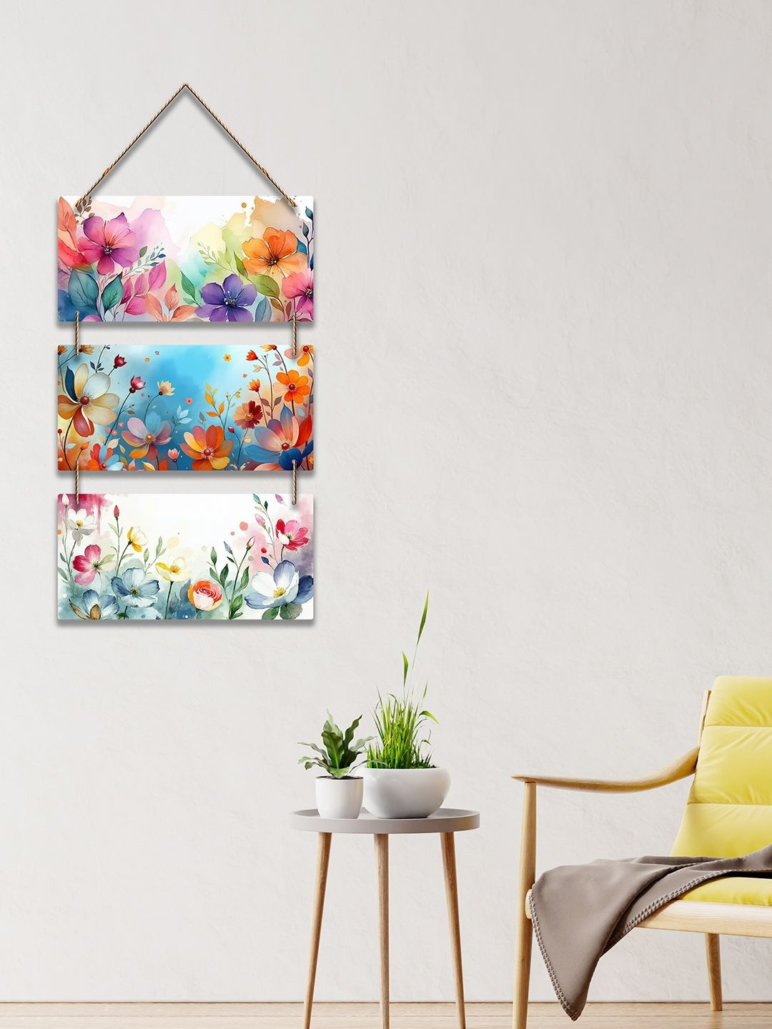 ArtVibes White & Blue Printed Floral Illustration Art Wooden Wall Hanging