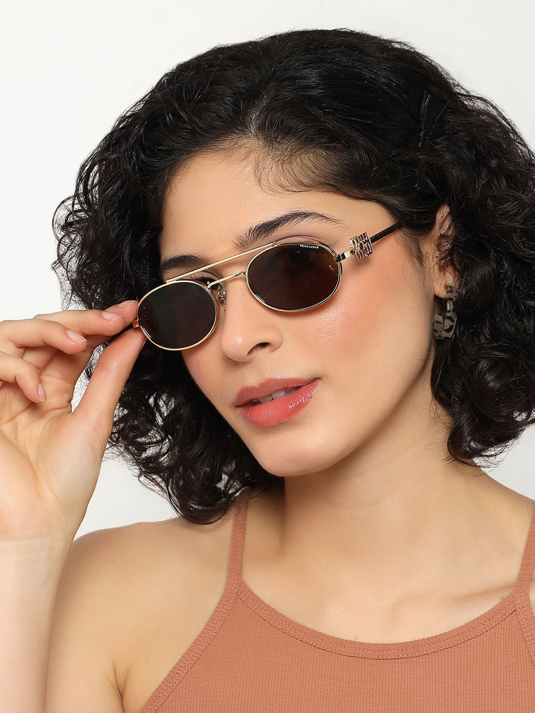 PELLE LUXUR Unisex Brown Lens & Rose Gold-Toned Aviator Sunglasses with