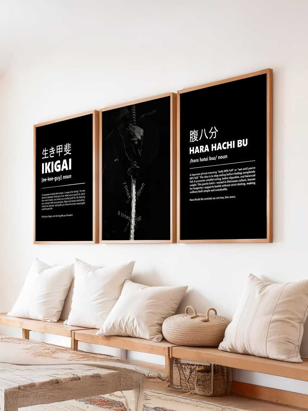 Kotart Black & White 3 Pieces Japanese Framed Posters Wooden Wall Arts