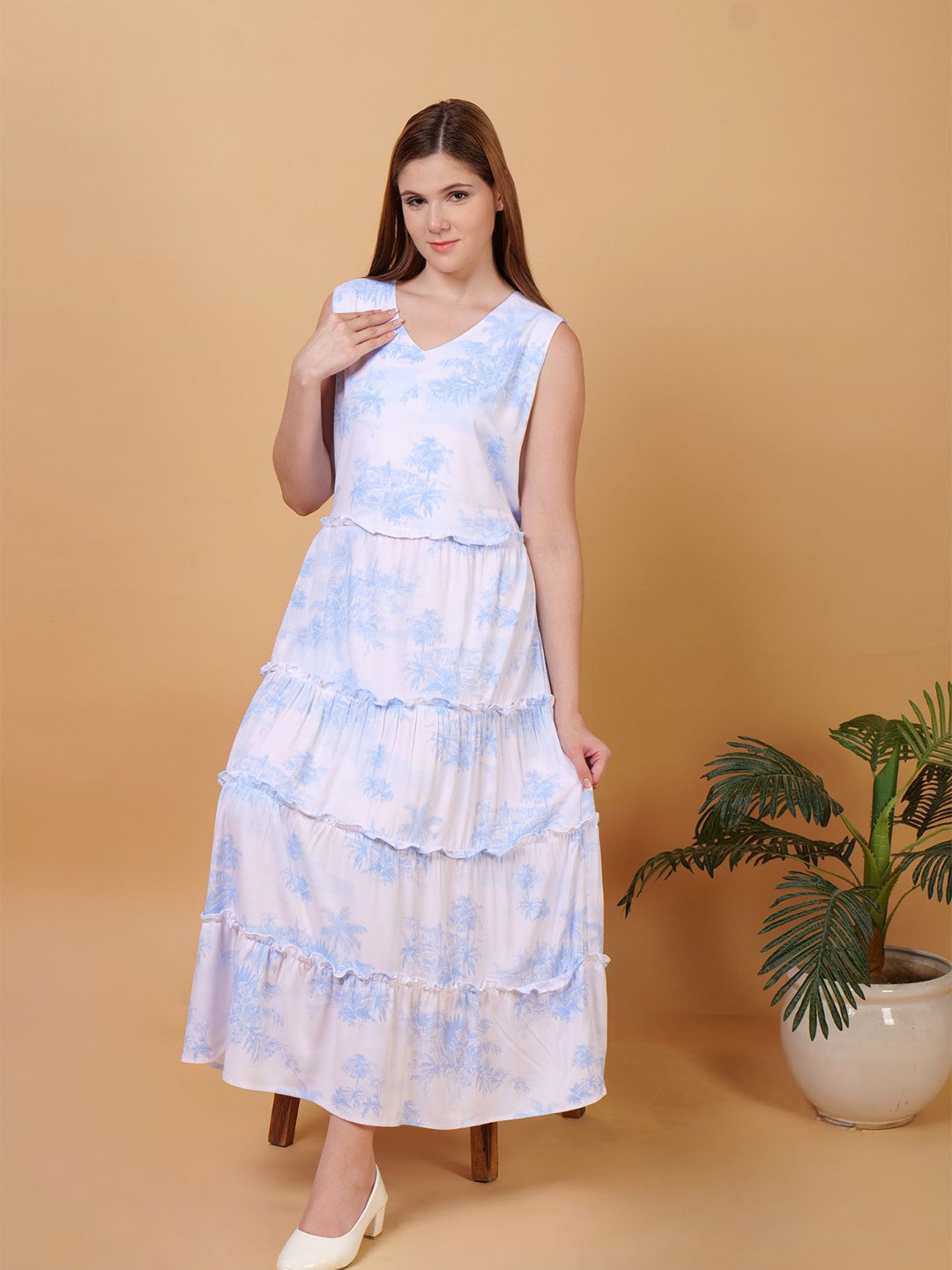 Prizm Aura Tropical Printed Gathered or Pleated Fit & Flare Maxi Dress