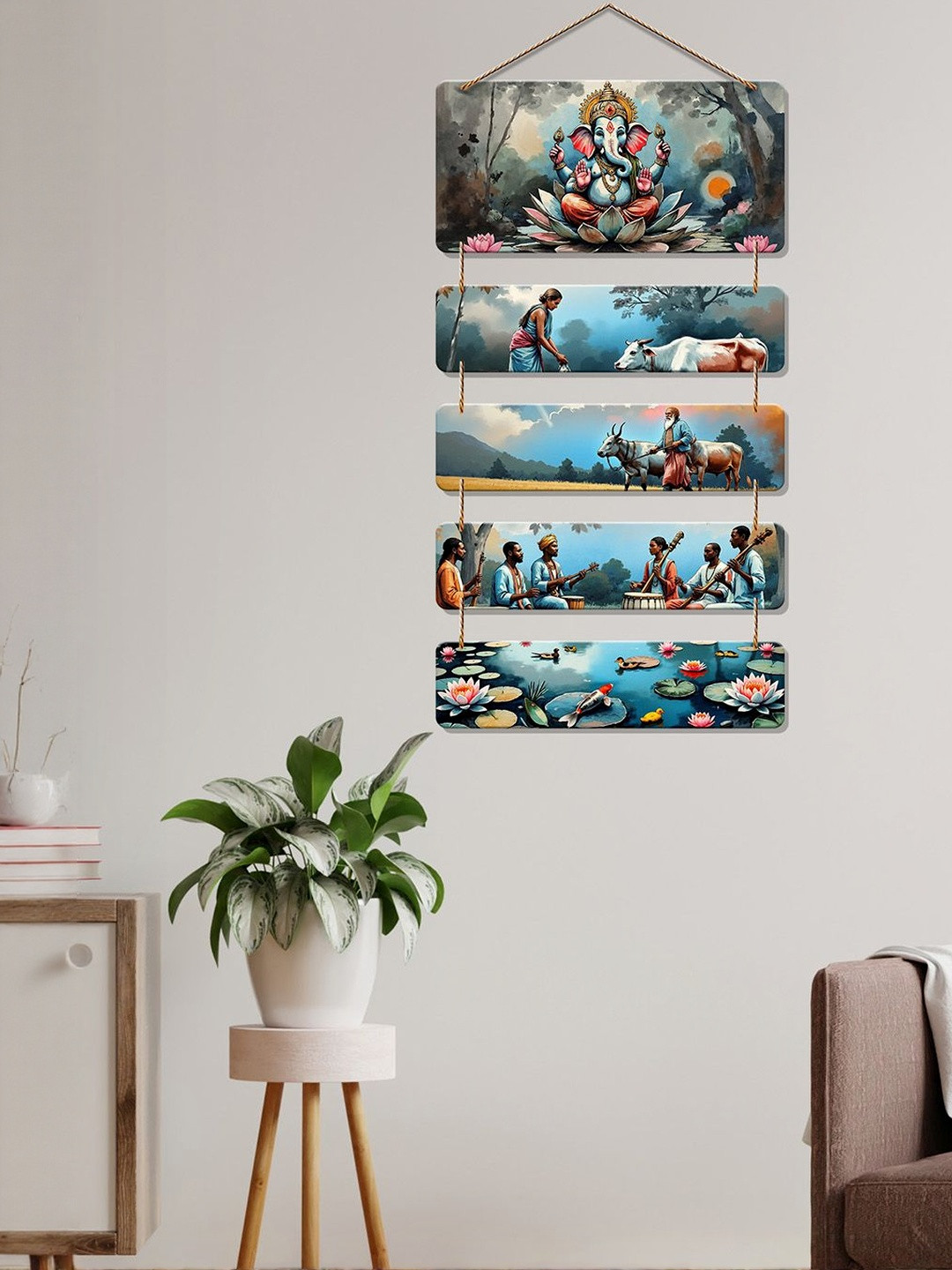 ArtVibes Blue & Pink Ganpati & Rural Village Wooden Wall Hanging