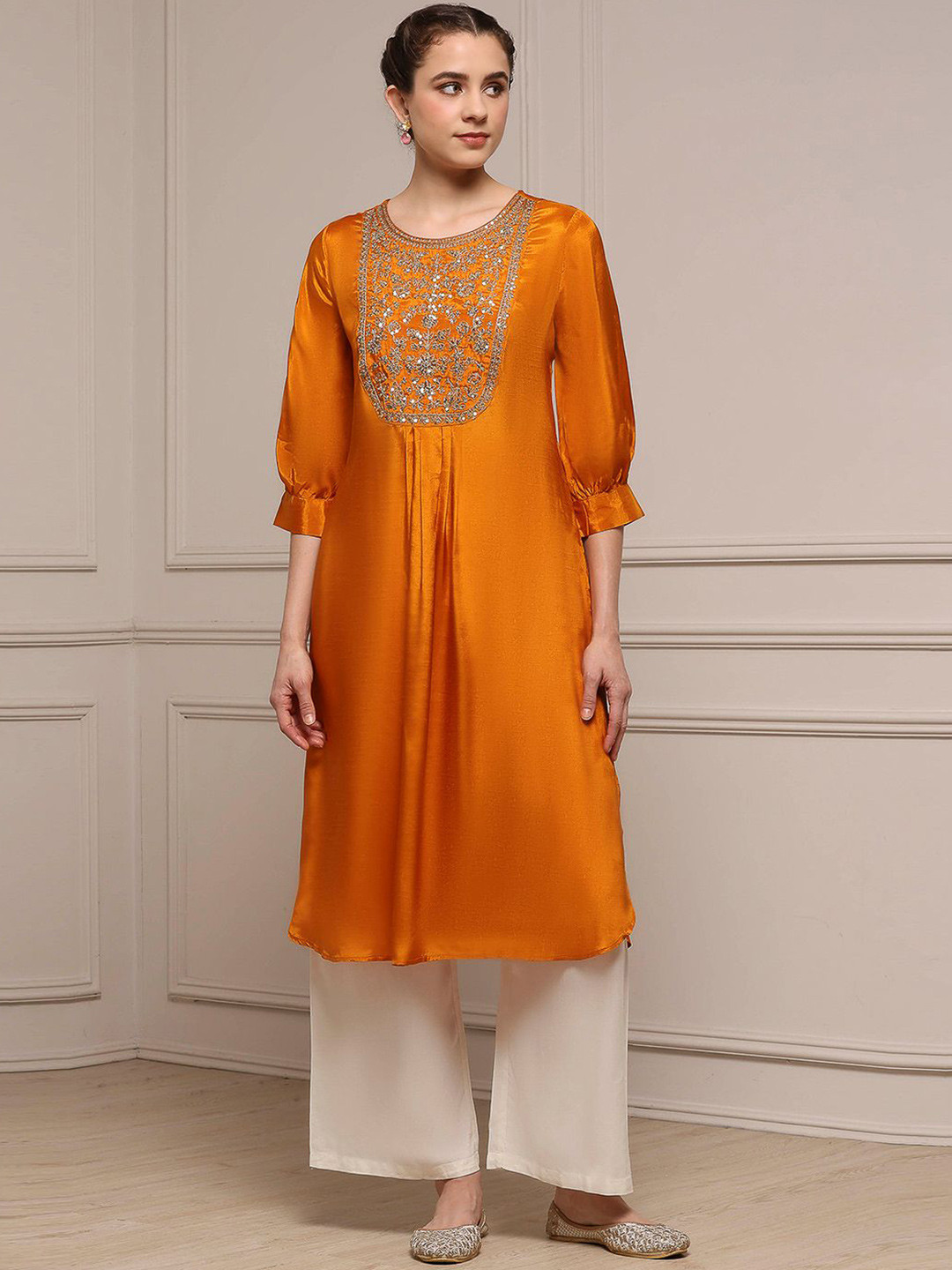 Biba Ethnic Motifs Embroidered Round Neck Mirror Work Roll-Up Sleeves Straight Kurta