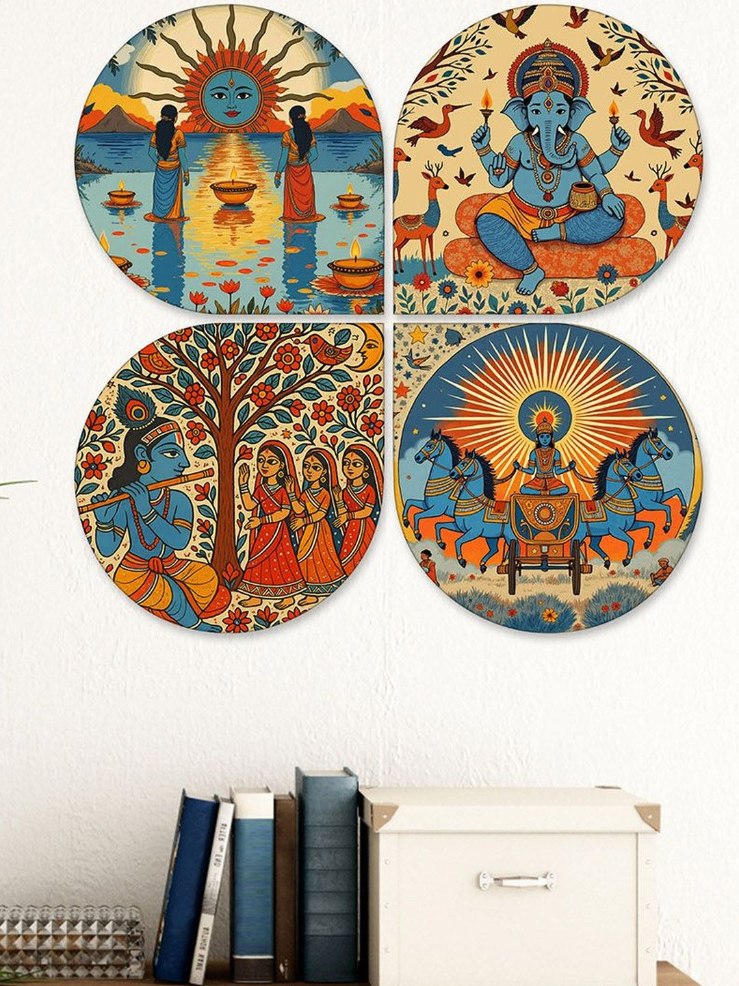 ArtVibes Set Of 4 Yellow & Blue Indian Festival Wooden Wall Decor