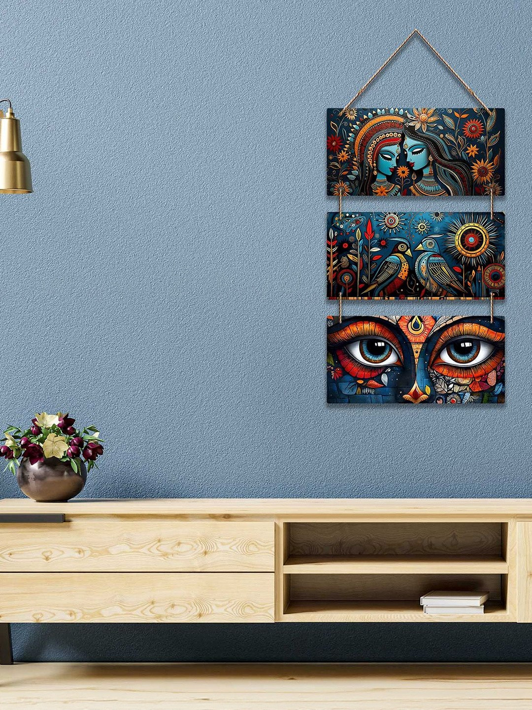 ArtVibes  Blue & Red Modern Indian Folk & Mystical Fusion Wooden Wall Hangings