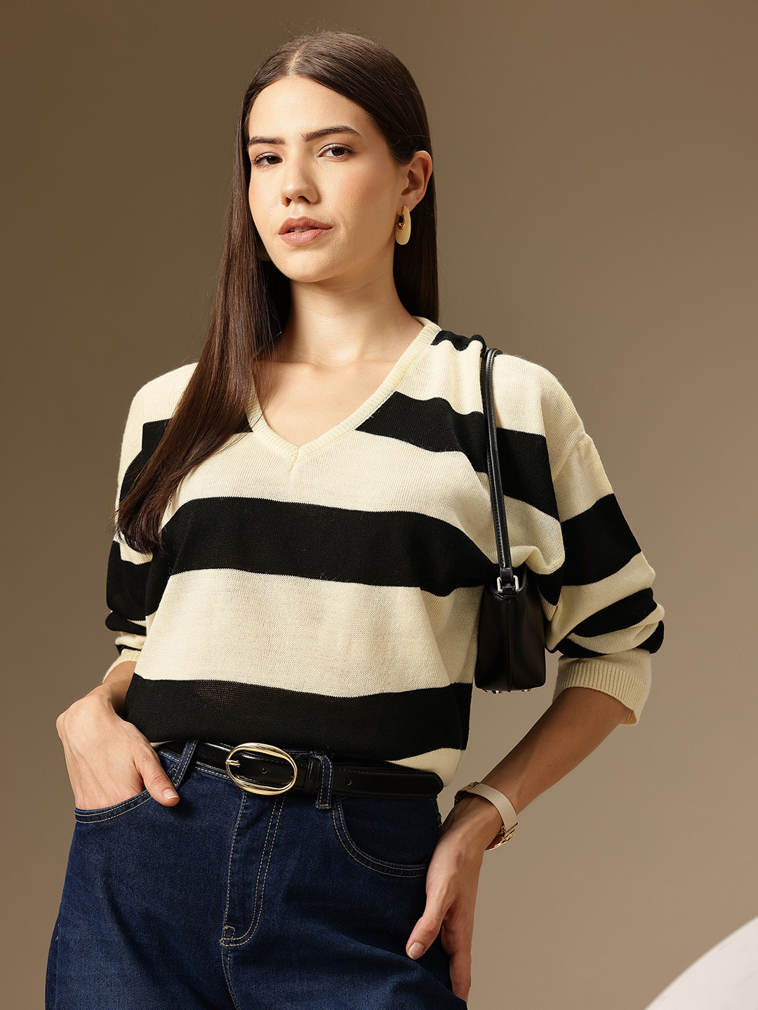 Chemistry Self Striped Drop Shoulder V-Neck Sweater
