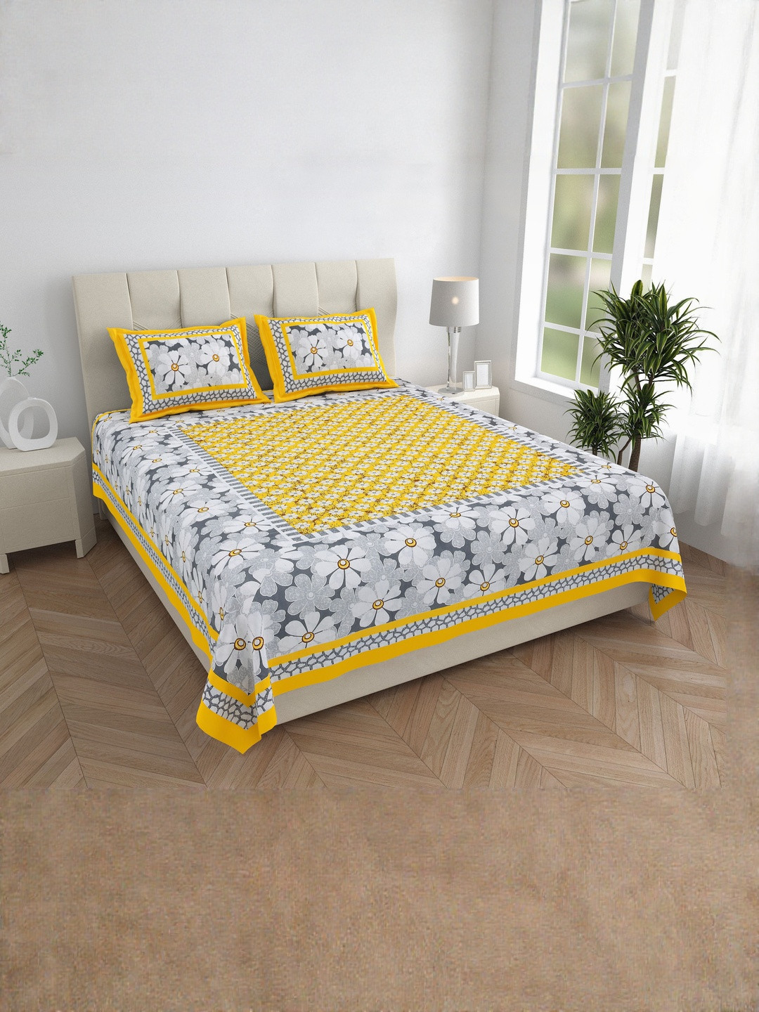ABHACLOTHO Yellow & White Floral Cotton 144 TC Double Bedsheet Set 91 Inch x 93 Inch