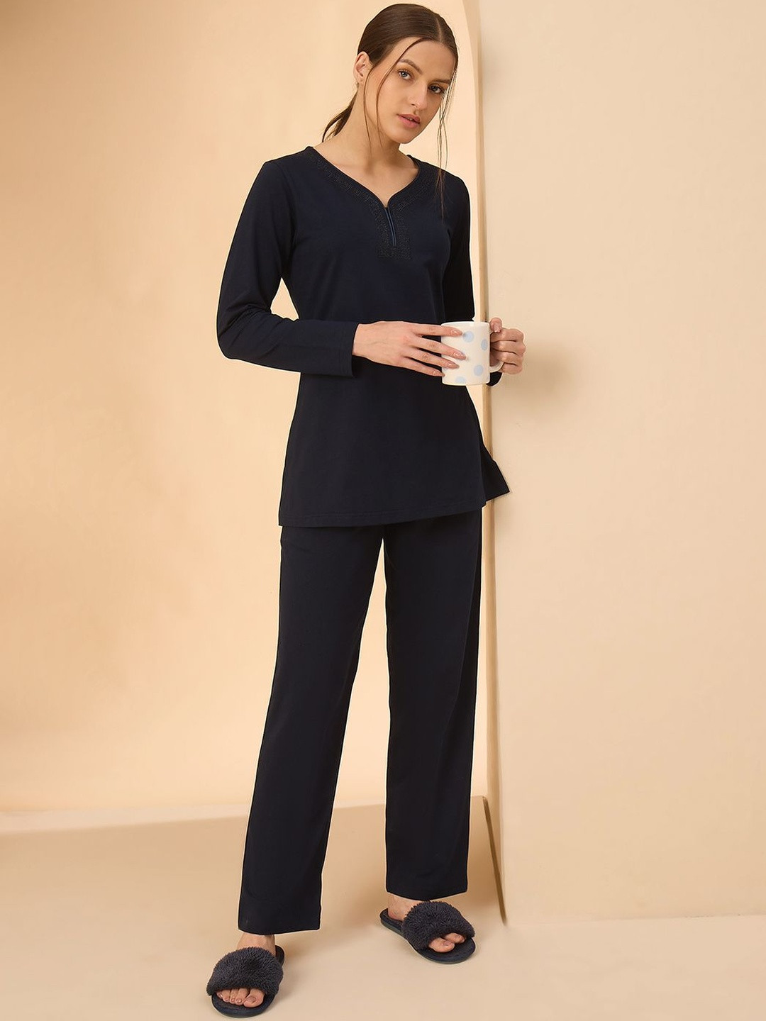Sweet Dreams Women Embossed V-Neck Long Sleeves Night suit
