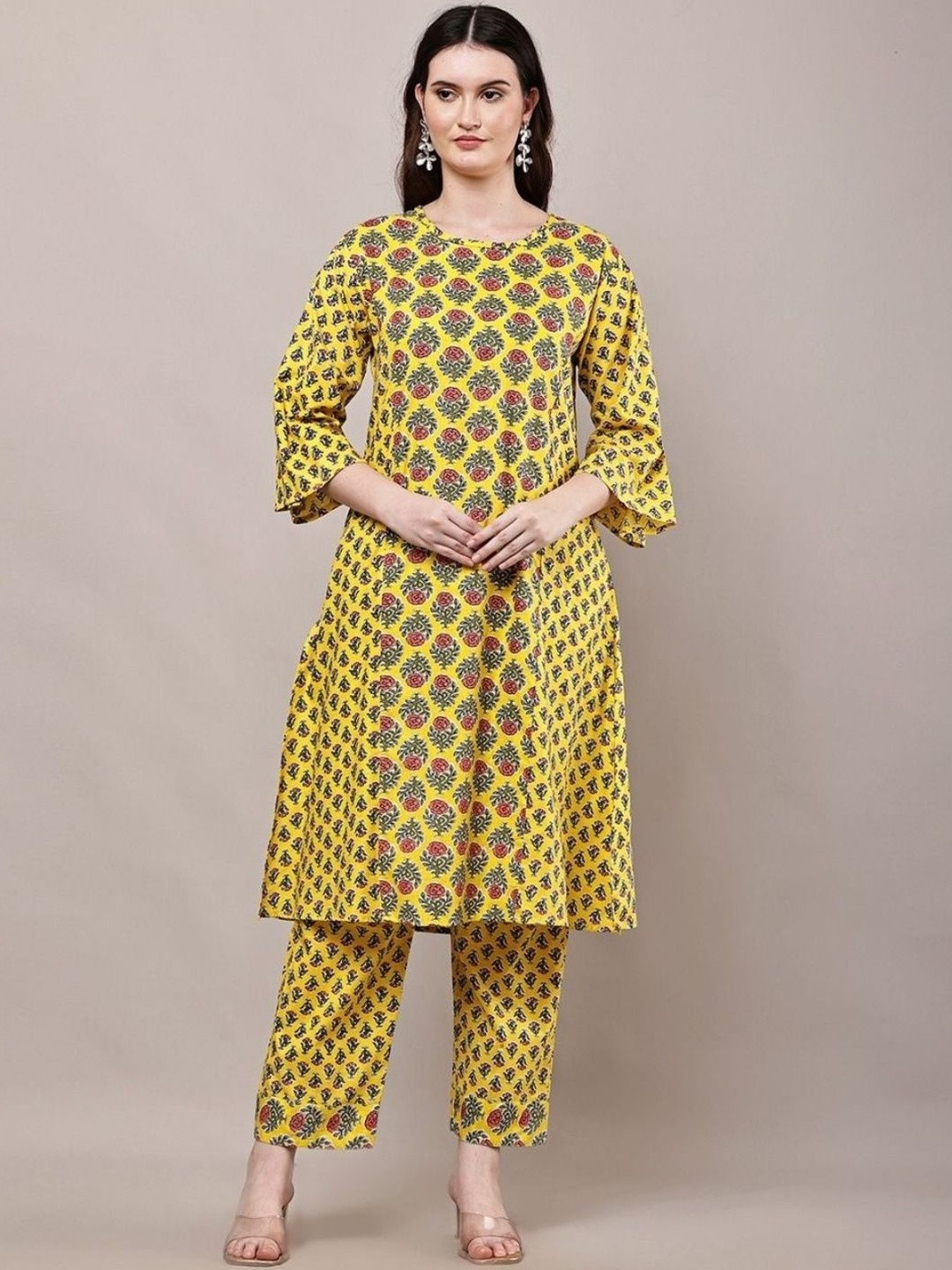 Nano fab Women Floral Printed Pure Cotton A-Line Kurta With Trousers