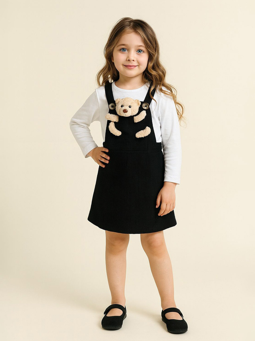 YK Girls Full Sleeves Dungaree Dress with Inner Top & Teddy Applique
