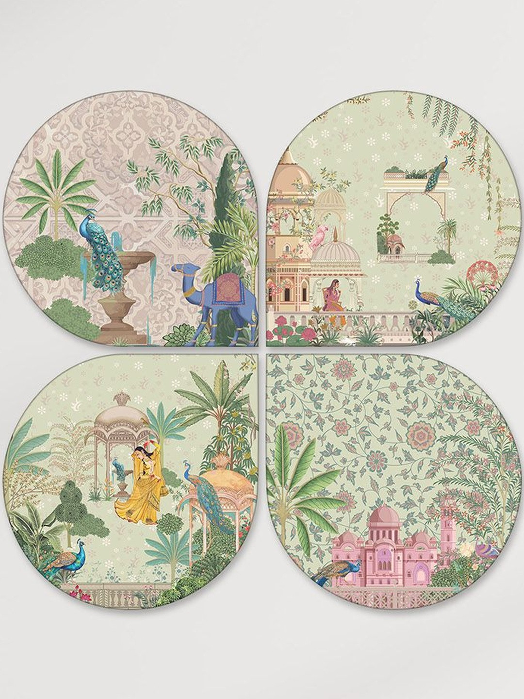 ArtVibes Pink & Green 4 Pieces Mughal Wooden Wall Art