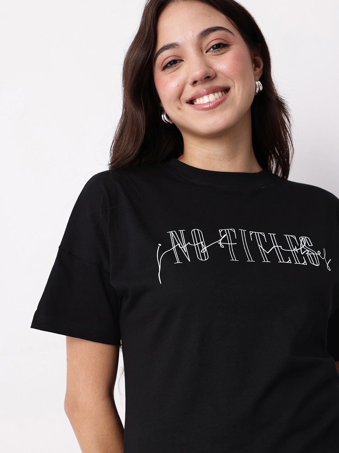 Mast & Harbour Typography Printed Drop-Shoulder Sleeves Pure Cotton T-shirt
