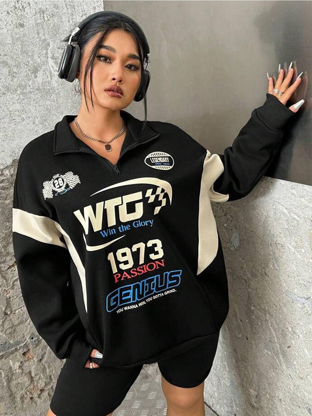 TABADTOD Women Typography Printed Oversized Sweatshirt