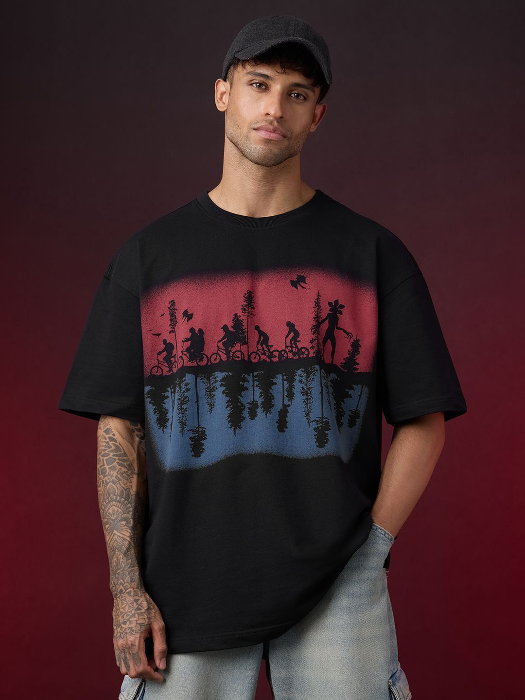 The Souled Store Stranger Things Upside Down Spray Printed Pure Cotton T-Shirt