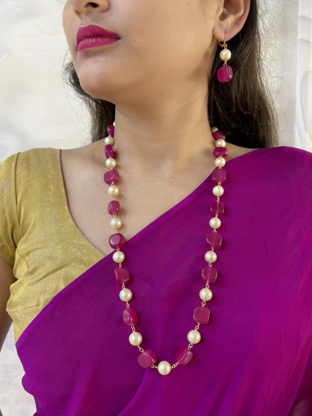 Gehna By Beadazzled Gold-Plated Real Jade Stones and Shell Pearls Jewellery Set