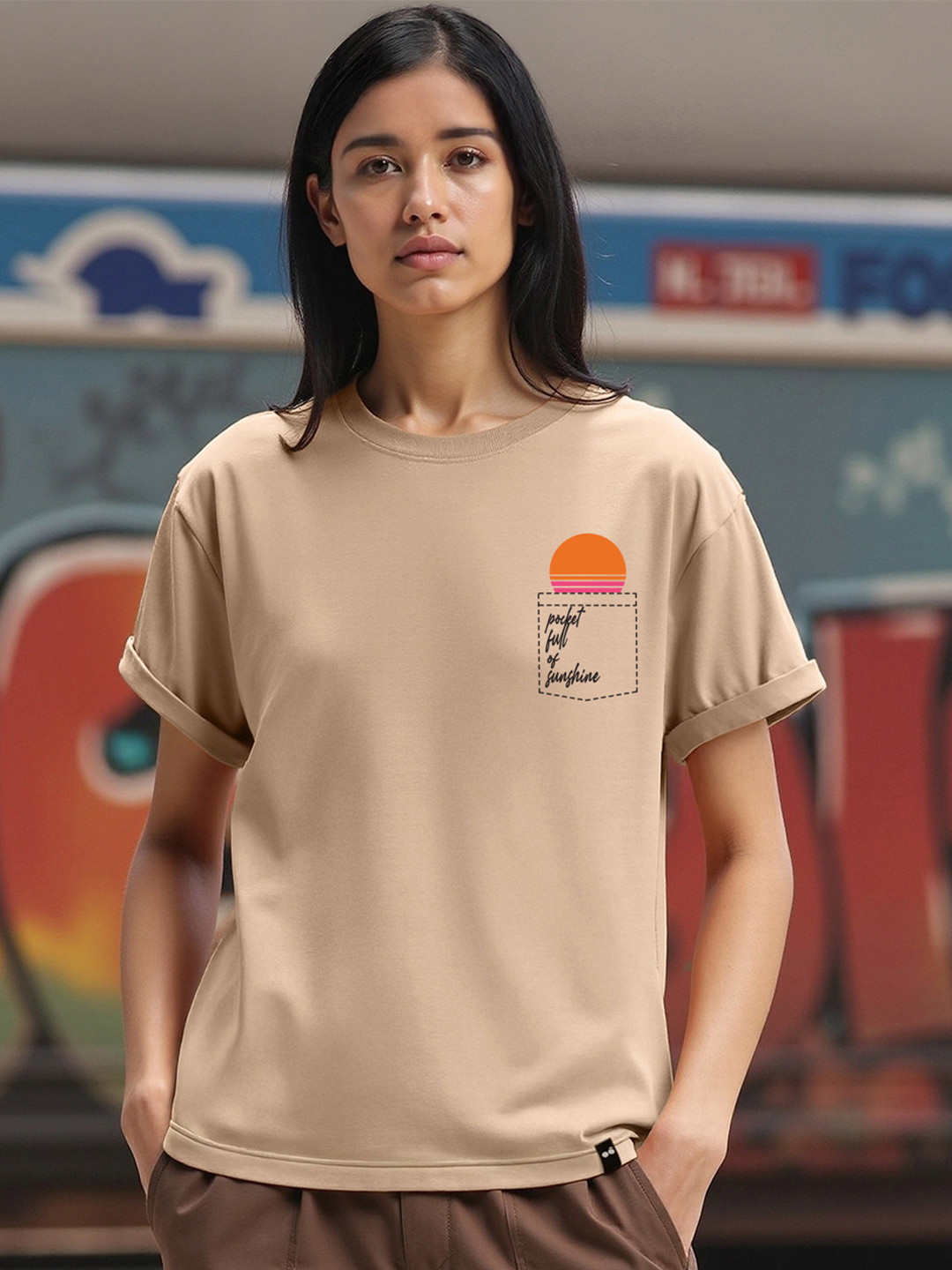 Bewakoof Women Ginger Root Brown Pocket Shine Graphic Printed Boyfriend T-shirt