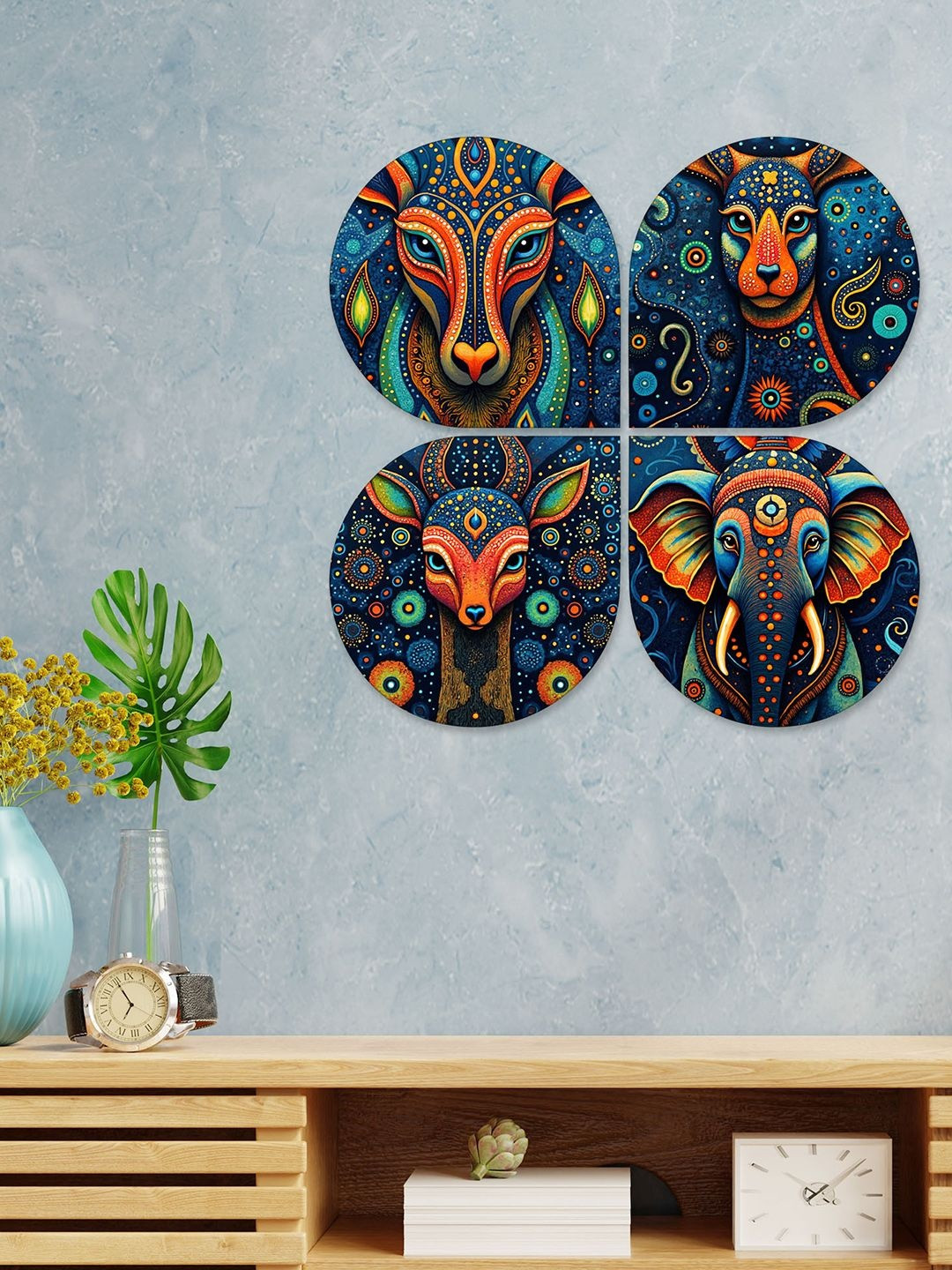 ArtVibes Blue & Red 4 Pieces Printed Traditional Animal Wooden Wall Art