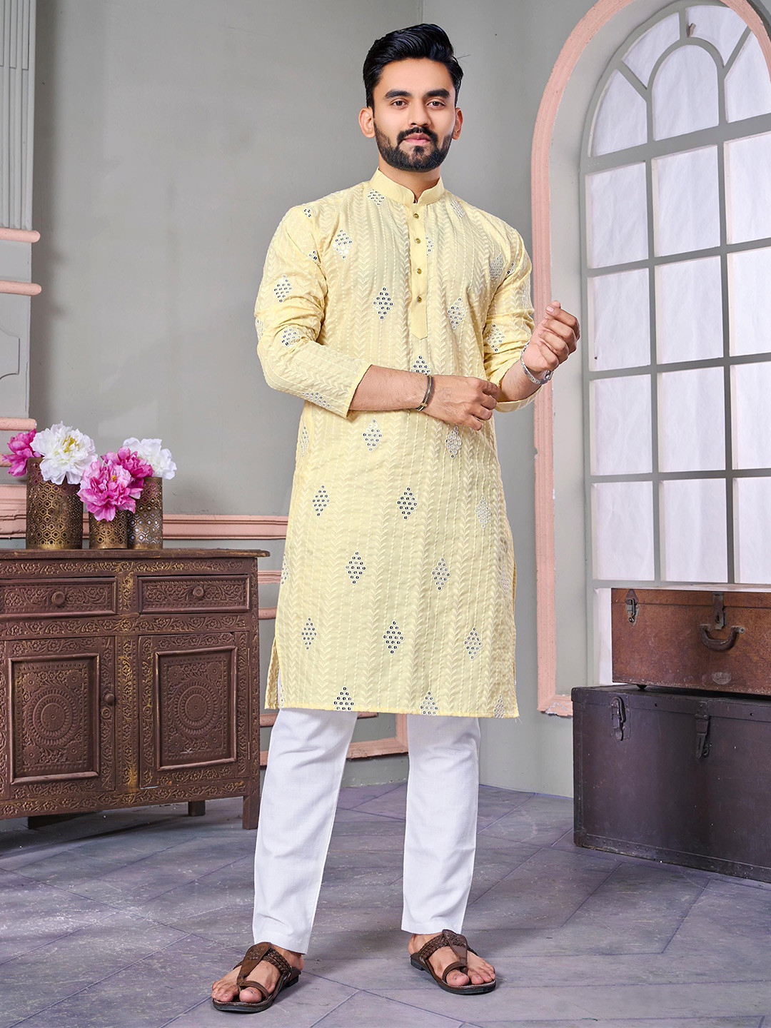 LAZZLY Long Sleeves Mandrin Collor Embroidered Cotton Sequinned Kurta