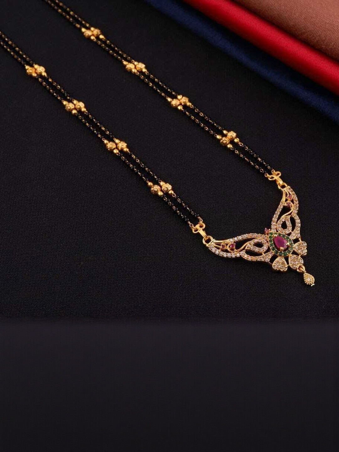 Laksh Enterprise Gold-Plated Stone-Studded & Beaded Dual-Stranded Mangalsutra