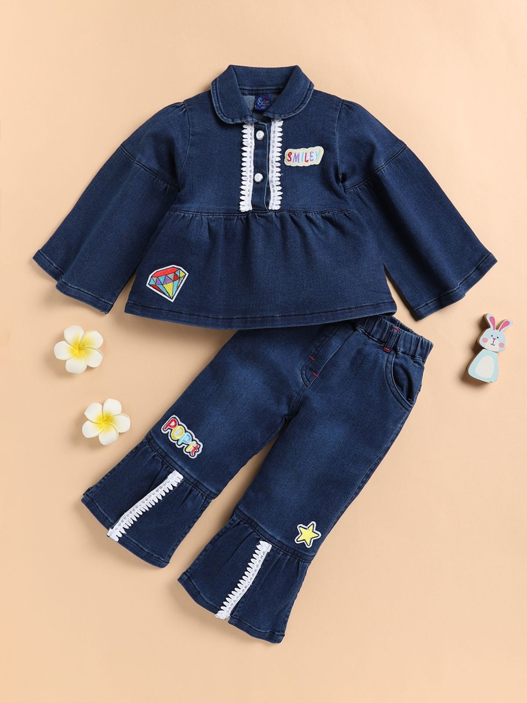 I LOVE MOM Girls Blue Solid Cotton Blend Denim Top with Trousers