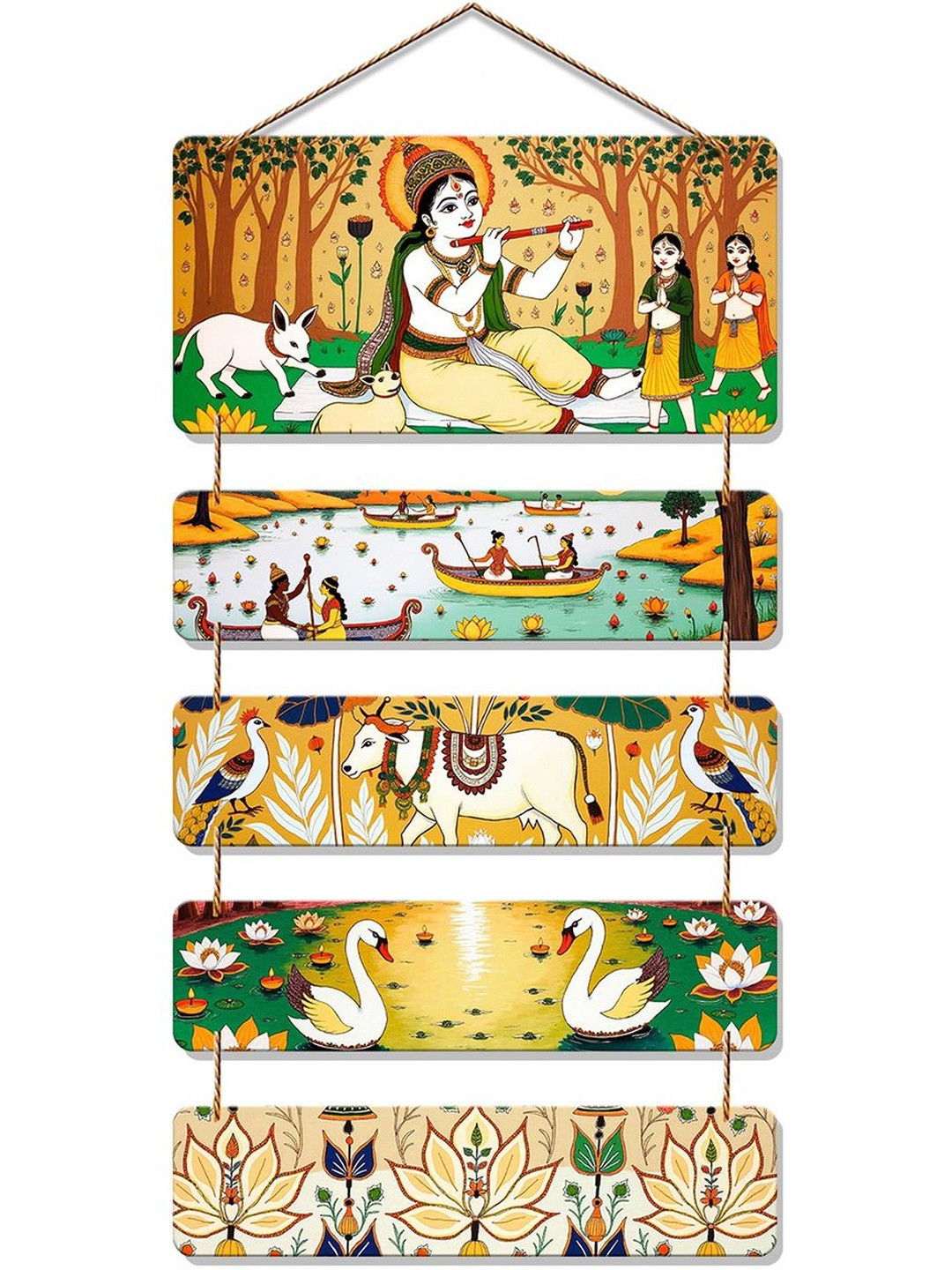 ArtVibes White & Green Krishna and Folk Village Wooden Wall Decor