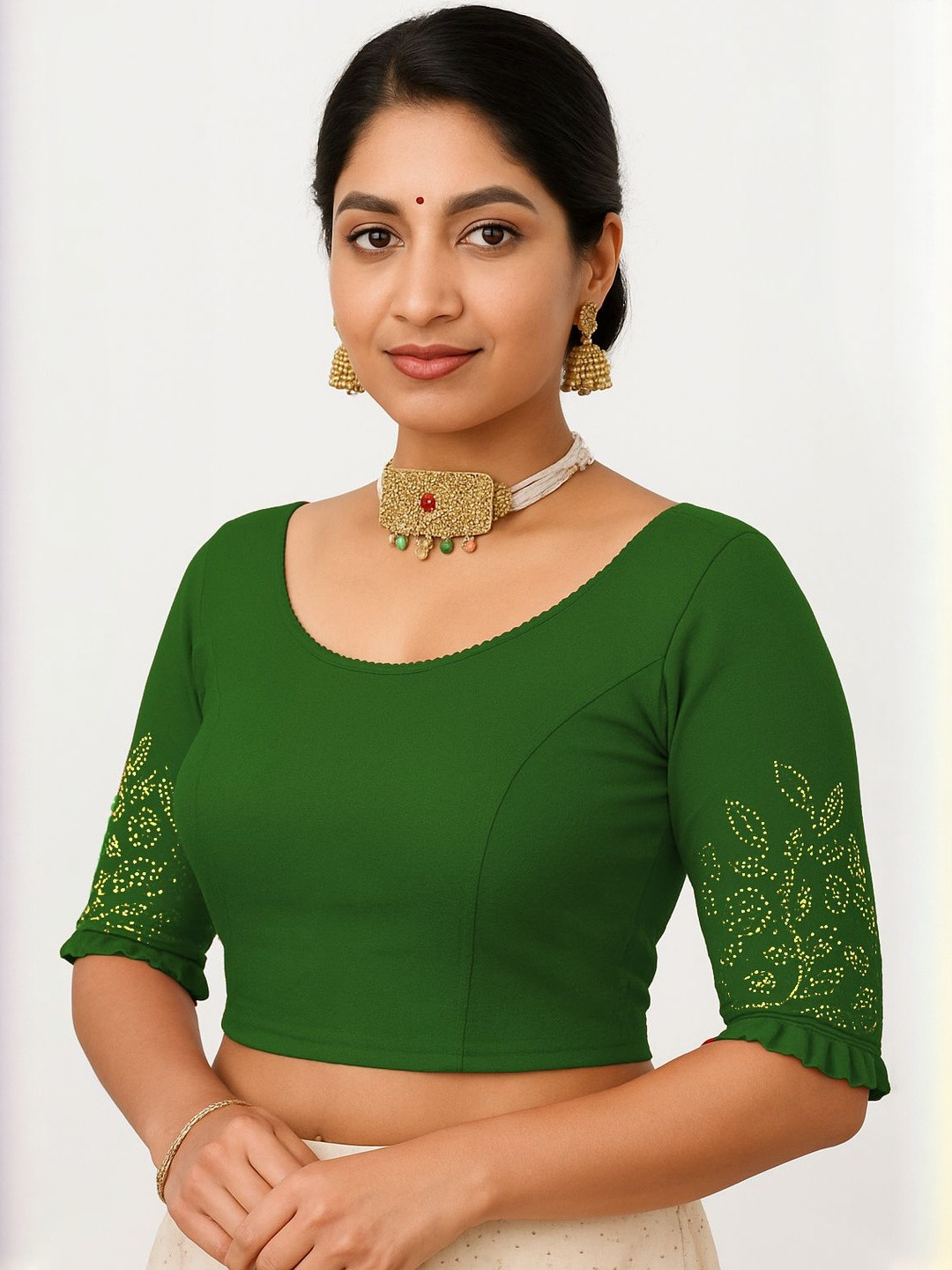 PU FASHION Green Readymade Embellished Strechable Blouse