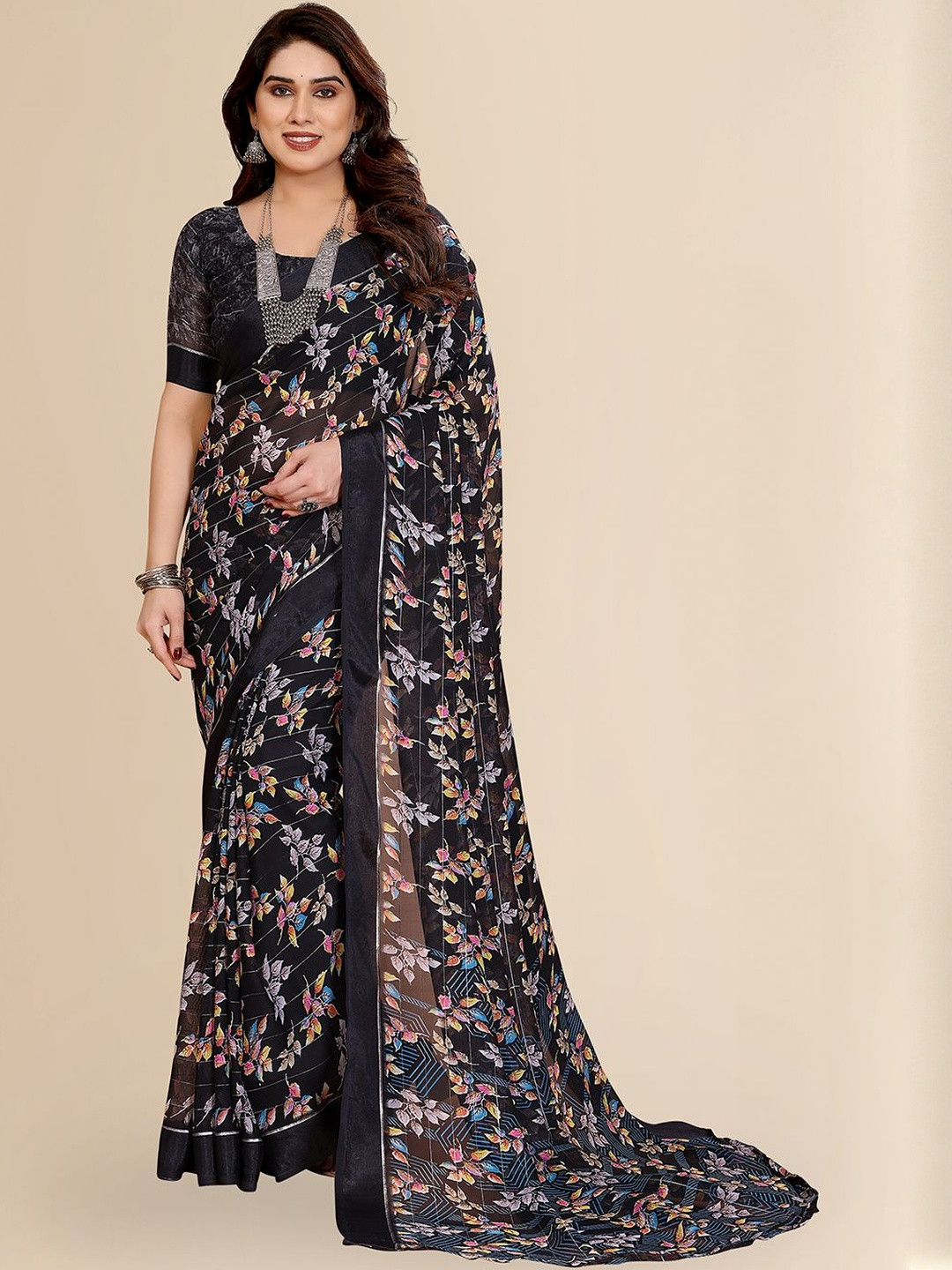 Moda Rapido Women Black Leaves Print Georgette Thread Embellishment Satin Saree